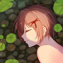 Rule 34 | 1girl, bad id, bad pixiv id, bare shoulders, brown hair, closed eyes, eyelashes, hair ornament, highres, lily pad, lying, on side, partially submerged, portrait, profile, rock, short hair, smile, solo, tiwing, water