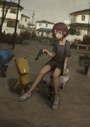 Rule 34 | 1girl, bandaged arm, bandages, beretta 92, black shirt, black shorts, brown eyes, brown hair, building, commentary, day, english commentary, grey footwear, gun, hair ornament, handgun, highres, holding, holding gun, holding weapon, house, iwakura lain, outdoors, pistol, playground, power lines, serial experiments lain, shion (mirudakemann), shirt, shoes, short shorts, short sleeves, shorts, sitting, sky, sneakers, solo, spring rider, utility pole, weapon, window, x hair ornament