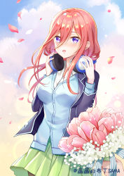 1girl blush breasts commentary_request d: flower go-toubun_no_hanayome green_skirt hair_between_eyes hands_on_headphones headphones headphones_around_neck highres laaaaaaaa long_hair medium_breasts nakano_miku open_mouth pink_flower pink_hair signature skirt