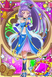 Rule 34 | 1girl, ankle cuffs, black hat, blue bow, blue ribbon, book, bow, bridal gauntlets, choker, cure magical, cure magical (sapphire style), cure magical sapphire style, earrings, full body, gem, hair ribbon, hand on own hip, hanzou, hat, izayoi liko, jewelry, long hair, looking at viewer, magical girl, mahou girls precure!, mini hat, mini witch hat, navel, precure, purple eyes, purple hair, red hat, ribbon, riko (mahou girls precure!), sandals, sapphire style, sash, skirt, smile, solo, standing, wide ponytail, witch hat