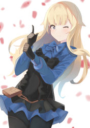 Rule 34 | 1girl, absurdres, black dress, black gloves, black pantyhose, blonde hair, blue bow, bow, commentary, dress, gloves, highres, index finger raised, long hair, long sleeves, one eye closed, pantyhose, pouch, princess (princess principal), princess principal, ryoku sui, simple background, solo, standing, white background