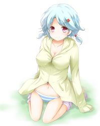 Rule 34 | 1girl, blue hair, breasts, chro, cleavage, hair ornament, hairclip, hood, hooded jacket, jacket, large breasts, looking at viewer, navel, no pants, original, red eyes, short hair, sitting, sleeves past wrists, smile, socks, solo, striped clothes, striped legwear, striped socks, wariza