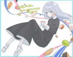 Rule 34 | 1girl, absurdres, black dress, blue border, blue eyes, border, cake, character request, closed mouth, collared dress, commission, cup, dot nose, double-parted bangs, dress, floating, floating hair, food, food request, full body, grey hair, hair between eyes, highres, holding, holding cup, holding saucer, knees up, kurobeko (kur0bek0), long dress, long hair, long sleeves, looking at viewer, looking to the side, macaron, outside border, pancake, pantyhose, raised eyebrows, sandals, saucer, sidelocks, sideways glance, skeb commission, smile, solo, swiss roll, teacup, thick eyelashes, translation request, twitter username, white background, white footwear, white pantyhose