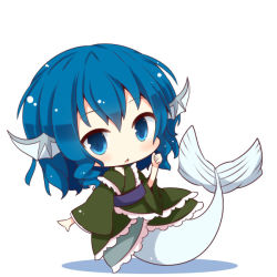 Rule 34 | 1girl, bad id, bad pixiv id, beni shake, blue eyes, blue hair, chibi, fins, fish tail, head fins, japanese clothes, kimono, looking at viewer, matching hair/eyes, mermaid, monster girl, open mouth, short hair, solo, tail, touhou, wakasagihime