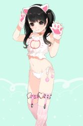 Rule 34 | 1girl, alternate costume, animal ears, animal hands, aqua background, bell, belt, black eyes, black hair, blush, breasts, buckle, cat cutout, cat ear panties, cat ears, cat lingerie, cat paws, choker, cleavage, cleavage cutout, closed mouth, clothing cutout, facial mark, fake animal ears, frills, gloves, groin, hairband, hands up, heart, heart o-ring, homua, jingle bell, kneeling, legwear garter, long hair, looking at viewer, meme attire, navel, neck bell, original, panties, paw gloves, side-tie panties, smile, solo, spikes, standing, stomach, swept bangs, twintails, underwear, underwear only, whisker markings, white panties