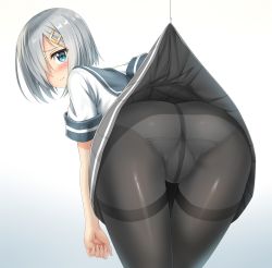 Rule 34 | 10s, 1girl, absurdres, ass, bent over, black pantyhose, blue eyes, blush, cowboy shot, embarrassed, fishing hook, from behind, gradient background, hair ornament, hair over one eye, hairpin, hamakaze (kancolle), highres, kantai collection, looking at viewer, looking back, nedia (nedia region), panties, panties under pantyhose, pantyhose, pleated skirt, school uniform, serafuku, short hair, silver hair, simple background, skirt, solo, underwear, upskirt, wavy mouth