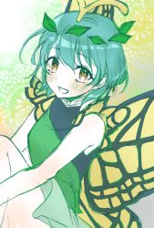 Rule 34 | 1girl, alto2019, antennae, bare shoulders, blush, butterfly wings, dress, eternity larva, hair between eyes, highres, insect wings, leaf, leaf on head, looking at viewer, open mouth, short hair, sleeveless, sleeveless dress, solo, touhou, wings