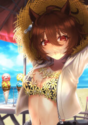 Rule 34 | 1girl, absurdres, agnes tachyon (umamusume), ahoge, alternate costume, animal ears, arms up, beach, beach umbrella, bikini, black bikini, blurry, blurry background, breasts, brown hair, chair, cleavage, cloud, commentary request, day, emil1030 blue, food, hair between eyes, hat, highres, horse ears, ice cream, jacket, looking at viewer, medium breasts, navel, ocean, open clothes, open jacket, outdoors, puckered lips, raised eyebrows, red eyes, sand, solo, straw hat, swimsuit, table, twitter username, umamusume, umbrella, upper body, white jacket