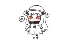 Rule 34 | 1girl, abyssal ship, blush, chibi, colored skin, commentary request, dress, hat, kantai collection, karin., long hair, mittens, northern ocean princess, nose blush, red eyes, simple background, sleeveless, sleeveless dress, solo, sun hat, white background, white dress, white hair, white skin