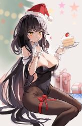 Rule 34 | 1girl, absurdres, azuma (azur lane), azur lane, bare shoulders, black hair, black leotard, blush, bobblehat, bow, box, breasts, brown pantyhose, cake, cake slice, christmas tree, cleavage, covered navel, detached collar, feet out of frame, finger to mouth, food, fruit, fur-trimmed headwear, fur trim, gift, gift box, hair ornament, hairclip, hat, highleg, highleg leotard, highres, holding, holding plate, hyoin, large breasts, leotard, looking at viewer, pantyhose, plate, playboy bunny, red bow, santa hat, sitting, strapless, strapless leotard, strawberry, thigh bow, wrist cuffs, yellow eyes