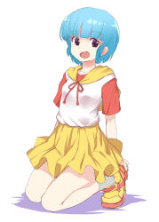 Rule 34 | 1girl, blue hair, bosshi, breasts, commentary request, grey socks, highres, kneeling, mahou no tenshi creamy mami, miniskirt, morisawa yuu, open mouth, purple eyes, shoes, short hair, sketch, skirt, small breasts, smile, sneakers, socks, solo, yellow hood, yellow skirt