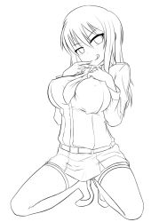 1girl breasts female_focus greyscale highres large_breasts lineart long_hair looking_at_viewer monochrome moodycat naughty_face skirt smile solo thighhighs