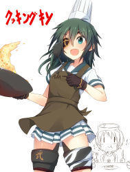 Rule 34 | 10s, 2girls, absurdres, apron, aqua eyes, black gloves, chef hat, cowboy shot, diving mask, diving mask on head, eating, eyepatch, gloves, goggles, goggles on head, hat, highres, kantai collection, kiso (kancolle), ladle, long hair, maru-yu (kancolle), metindone, multiple girls, open mouth, puka puka, school uniform, serafuku, short sleeves, simple background, skirt, white background, wok