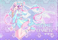 Rule 34 | 1girl, ass, blue eyes, blue hair, blue nails, bow, cat, chouzetsusaikawa tenshi-chan, drill hair, emoji, hair bow, highres, holographic clothing, jumping, lanyed (949455243), large bow, long sleeves, looking at viewer, multicolored hair, multicolored nails, nail polish, needy girl overdose, pink hair, pink nails, skirt, solo, strap, thighs, tongue, tongue out, twin drills, white hair, wind, wind lift, wings