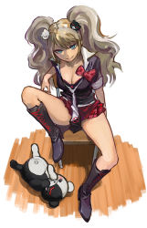 Rule 34 | 10s, 1girl, b suke, bear hair ornament, black footwear, blonde hair, blue eyes, boots, bow, bra, breasts, chair, cleavage, convenient censoring, cross-laced footwear, danganronpa (series), danganronpa: trigger happy havoc, enoshima junko, feet on chair, from above, hair ornament, high heel boots, high heels, knee boots, lace-up boots, legs, long hair, looking at viewer, monokuma, naughty face, necktie, plaid, plaid skirt, school uniform, sitting, skirt, sleeves rolled up, smile, solo, spoilers, spread legs, twintails, underwear