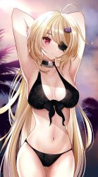 Rule 34 | 1girl, absurdres, antenna hair, armpits, arms behind head, bikini, black choker, blonde hair, breasts, breasts apart, choker, cleavage, cloud, commentary, cowboy shot, eyepatch, front-tie bikini top, front-tie top, gluteal fold, grin, hair ornament, heichanart, highres, large breasts, long hair, navel, nemesis (tower of fantasy), o-ring, o-ring choker, outdoors, palm tree, red eyes, sky, smile, solo, swimsuit, thigh gap, thighs, tower of fantasy, tree, twilight, very long hair