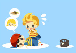 Rule 34 | 2boys, antique phone, black hair, blonde hair, blue background, blue shorts, blush stickers, food, hitofutarai, lucas (mother 3), lying, male focus, mother (game), mother 2, mother 3, multiple boys, ness&#039;s father, ness&#039;s mother, ness (mother 2), nintendo, on side, phone, red footwear, red headwear, rotary phone, short hair, shorts, socks, solid oval eyes, standing, steak, thought bubble, triangle mouth, wavy mouth, white socks, yellow footwear