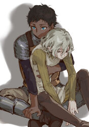 2boys absurdres armor bags_under_eyes behind_another between_legs black_eyes black_hair blue_eyes boots chainmail crossed_ankles curly_hair dark-skinned_male dark_skin dungeon_meshi elf feet_out_of_frame gorget grey_hair hand_between_legs hand_on_another&#039;s_chest highres hug hug_from_behind kabru knees_up lazy_eye leaning_forward leather_armor long_sleeves looking_to_the_side male_focus mithrun multiple_boys notched_ear pauldrons pointy_ears shadow short_hair shoulder_armor simple_background single_pauldron sitting_between_lap thigh_boots tunic uneven_eyes victima white_background