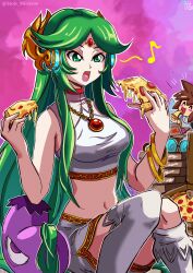 Rule 34 | 1boy, 1girl, alternate costume, breasts, brown hair, eggplant, food, forehead jewel, green eyes, green hair, headphones, highres, holding, holding food, holding pizza, kid icarus, kid icarus uprising, long hair, medium breasts, midriff, musical note, navel, nintendo, open mouth, palutena, pit (kid icarus), pizza, pizza box, pizza slice, purple background, sitting, smile, stoic seraphim, very long hair