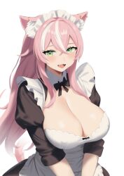 Rule 34 | 1girl, alternate costume, animal ears, apron, artist name, black bow, black bowtie, black dress, blush, bow, bowtie, breasts, cat ears, cat girl, cat tail, cleavage, covered erect nipples, dot nose, dress, enya yoruneko, eyebrows, eyelashes, fangs, green eyes, highres, huge breasts, indie virtual youtuber, long hair, looking at viewer, maid, maid headdress, multicolored hair, open mouth, pink hair, short sleeves, simple background, smile, solo, streaked hair, tail, two-tone hair, upper body, v arms, virtual youtuber, white apron, white background, white hair, zetyi