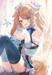 Rule 34 | 1girl, animal ear fluff, blue butterfly, blue eyes, blue thighhighs, brown hair, bug, butterfly, enominya andi, facial mark, hair ornament, highres, insect, looking at viewer, melonyx, open mouth, sibyl, sitting, sleeves past fingers, sleeves past wrists, smile, solo, stuffed animal, stuffed rabbit, stuffed toy, thighhighs, twintails, virtual youtuber, x hair ornament