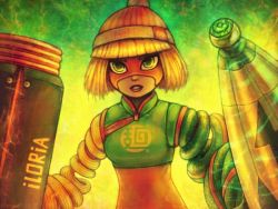 Rule 34 | 1girl, abstract background, arms (game), artist name, beanie, blonde hair, blunt bangs, breasts, chinese clothes, clothes writing, commentary, crop top, english commentary, gradient background, green eyes, green shirt, hat, knit hat, layered clothes, lipstick, looking at viewer, louivi, makeup, mandarin collar, min min (arms), multicolored clothes, multicolored hat, parted lips, red lips, shirt, short hair, signature, solo, teeth, upper body, zipper, zipper pull tab