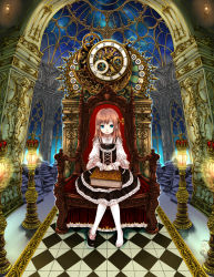 Rule 34 | 1girl, absurdres, bad id, bad pixiv id, blue eyes, book, book stack, brown hair, castle, checkered floor, child, clock, crown, dress, floor, frills, glowing, gothic lolita, highres, kooten bergh no youhei, lamp, lolita fashion, long hair, looking at viewer, original, pink hair, ribbon, shoes, single shoe, sitting, skirt, sky, solo, space, star (sky), star (symbol), throne, when you see it, winding key
