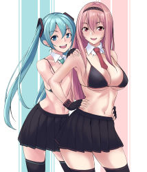 Rule 34 | 2girls, alternate costume, aqua eyes, aqua hair, black legwear, bra, breasts, cleavage, commentary request, cowboy shot, detached collar, din (raiden), fingerless gloves, floating hair, gloves, hatsune miku, headband, highres, large breasts, long hair, looking at viewer, megurine luka, multicolored background, multiple girls, navel, neck, necktie, open mouth, pink eyes, pink hair, smile, standing, striped, striped background, thighhighs, twintails, underwear, very long hair, vocaloid