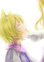 Rule 34 | 2girls, animal ears, blonde hair, closed eyes, commentary request, dress, fox ears, gloves, hand on another&#039;s chin, multiple girls, out of frame, parted lips, portrait, profile, simple background, touhou, upper body, white background, yakumo ran, yakumo yukari, zeikomi