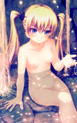 Rule 34 | 1girl, aruciii, blonde hair, blush, flat chest, groin, long hair, looking at viewer, navel, nipples, nude, original, purple eyes, revision, sitting, smile, solo, twintails, water