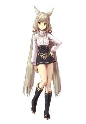 Rule 34 | 1girl, animal ear fluff, animal ears, athenawyrm, black footwear, boots, commentary, english commentary, fire emblem, frown, full body, hand on own hip, highres, knee boots, long hair, long sleeves, looking at viewer, low twintails, nia (blade) (xenoblade), nia (xenoblade), nintendo, niyah, simple background, solo, spoilers, twintails, very long hair, white background, xenoblade chronicles (series), xenoblade chronicles 2, yellow eyes