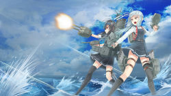 Rule 34 | 10s, 2girls, battle, black hair, cannon, firing, hair ornament, hatsushimo (kancolle), highres, kantai collection, kasumi (kancolle), long hair, low-tied long hair, machinery, multiple girls, muzzle flash, pleated skirt, remodel (kantai collection), school uniform, skirt, turret, weapon, zaki (2872849)