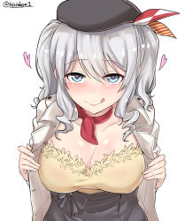 Rule 34 | 1girl, absurdres, alternate costume, beret, black hat, blue eyes, blush, breasts, cleavage, collar, collarbone, commentary request, covered erect nipples, from above, grey jacket, grey skirt, hat, heart, heart-shaped pupils, highres, jacket, kantai collection, kashima (kancolle), kiritto, long hair, looking at viewer, medium breasts, open clothes, open jacket, red collar, shirt, silver hair, simple background, skirt, smile, solo, symbol-shaped pupils, tongue, tongue out, twintails, twitter username, upper body, white background, yellow shirt