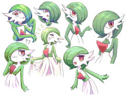 anger_vein bob_cut colored_skin creatures_(company) dress game_freak gardevoir gen_3_pokemon green_hair green_skin hair_over_one_eye highres multicolored_skin multiple_views nintendo pink_eyes pokemon pokemon_(creature) simple_background smile tongue tongue_out two-tone_skin white_background white_dress white_skin yozoranii