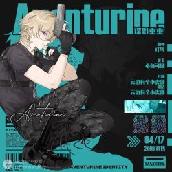 Rule 34 | 1boy, arm on knee, aventurine (bullseye) (honkai: star rail), aventurine (honkai: star rail), belt, black gloves, black shirt, blonde hair, boots, camouflage, camouflage pants, character name, chest belt, cover, ddcsddg, dog tags, fingerless gloves, from side, full body, gloves, grey pants, gun, hand on own chin, hand up, holding, holding gun, holding weapon, honkai: star rail, honkai (series), knee pads, leaning back, looking at viewer, magazine cover, male focus, medium hair, pants, parted lips, purple eyes, shirt, short sleeves, smirk, solo, squatting, teeth, thigh belt, thigh strap, weapon