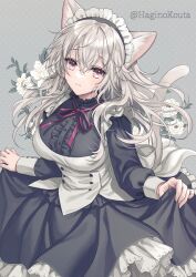 Rule 34 | 1girl, animal ear fluff, animal ears, black shirt, black skirt, breasts, cat ears, cat girl, cat tail, center frills, closed mouth, commentary request, flower, frills, grey background, grey hair, hagino kouta, hair between eyes, highres, large breasts, long sleeves, looking at viewer, maid, maid headdress, neck ribbon, original, polka dot, polka dot background, puffy long sleeves, puffy sleeves, purple ribbon, red eyes, ribbon, shirt, simple background, skirt, skirt hold, smile, solo, tail, twitter username, white flower