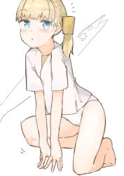 Rule 34 | 1girl, absurdres, aqua eyes, bare legs, barefoot, blonde hair, blush, character request, co botan, commentary request, highres, kantai collection, light blush, looking at viewer, medium hair, no pants, panties, partially colored, raised eyebrows, short sleeves, side ponytail, sketch, solo, steepled fingers, underwear, v arms