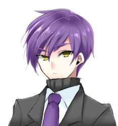 Rule 34 | 1boy, black sweater, closed mouth, collared shirt, commentary request, grey jacket, jacket, lobotomy corporation, looking at viewer, male focus, necktie, portrait, project moon, purple hair, purple necktie, ribbed sweater, shirt, shitsumi (ilovegui), short hair, simple background, sketch, solo, sweater, turtleneck, turtleneck sweater, white background, white shirt, yellow eyes, yesod (project moon)