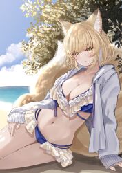 Rule 34 | 1girl, animal ears, arm support, bikini, blonde hair, blue bikini, breasts, cleavage, day, fox ears, fox tail, highres, jacket, large breasts, long sleeves, multiple tails, open clothes, open jacket, outdoors, sarasadou dan, short hair, solo, swimsuit, tail, touhou, white jacket, yakumo ran, yellow eyes