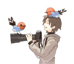 Rule 34 | 1boy, bird, black shirt, brown hair, camera, closed eyes, commentary request, creatures (company), fletchling, from side, game freak, gen 6 pokemon, grey jacket, hands up, holding, holding camera, hood, hood down, hooded jacket, jacket, long sleeves, male focus, newo (shinra-p), nintendo, on head, open mouth, pokemon, pokemon (creature), pokemon on head, shirt, short hair, simple background, smile, sweatdrop, upper body, white background