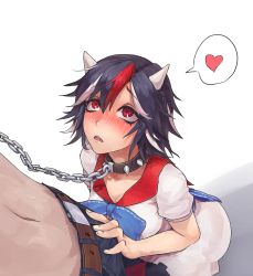 Rule 34 | 1boy, 1girl, animal collar, ass, black hair, blondy (ldlong), blush, bow, breasts, bulge, chain, cleavage, collar, crotch rub, denim, dress, erection, erection under clothes, fang, grey horns, hair between eyes, heart, highres, horns, jeans, kijin seija, kneeling, leash, looking at another, looking up, multicolored hair, pants, parted lips, pet play, red eyes, red hair, short hair, short sleeves, simple background, slave, solo focus, spoken heart, streaked hair, sweat, teeth, touhou, white background, white dress, white hair