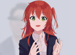 Rule 34 | 1girl, absurdres, black jacket, bocchi the rock!, censored, character request, collared shirt, eiko potato, green eyes, hands up, highres, identity censor, jacket, kita ikuyo, long hair, looking at viewer, one side up, open mouth, real life, red hair, shirt, smile, solo, upper body, white shirt