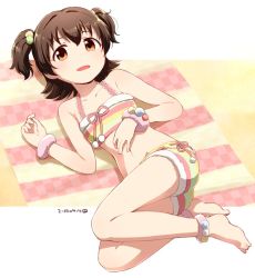 Rule 34 | 1girl, akagi miria, ankleband, bare legs, bare shoulders, barefoot, black hair, blanket, brown eyes, collarbone, crop top, dated, drawstring, feet, full body, fur trim, hair bobbles, hair ornament, idolmaster, idolmaster cinderella girls, looking at viewer, lying, nagian, navel, parted lips, pom pom (clothes), short hair, short shorts, shorts, solo, two side up, wristband