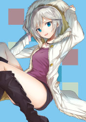 Rule 34 | 10s, 1girl, :d, anastasia (idolmaster), bad id, bad pixiv id, blue eyes, boots, coat, hayama eishi, idolmaster, idolmaster cinderella girls, jewelry, necklace, open clothes, open coat, open mouth, parka, short hair, shorts, silver hair, smile, solo