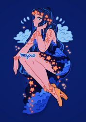 Rule 34 | 1girl, artist name, bad id, bad twitter id, bare legs, blue background, blue hair, cloud, cloud print, crescent moon, dress, full body, gibbous moon, half moon, hand up, knees up, long hair, looking at viewer, meyoco, moon, moon phases, multicolored hair, original, profile, shoes, simple background, sleeveless, sleeveless dress, solo, star-shaped pupils, star (symbol), symbol-shaped pupils, yellow footwear