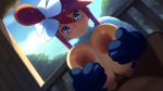 Rule 34 | 1boy, 1girl, animated, blue eyes, blush, breast hold, breasts, censored, creatures (company), crop top, cropped jacket, dark skin, fence, game freak, gloves, gym leader, hetero, highres, huge breasts, large areolae, large nipples, long hair, looking at viewer, mosaic censoring, nintendo, nipples, open mouth, paizuri, penis, pilot suit, pokemon, pokemon bw, pov, red hair, skyla (pokemon), smile, solo focus, tree, turtleneck, unknown showhey, video, wood