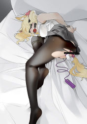 Rule 34 | 1girl, anal, anal beads, anal object insertion, anal tail, animal ear fluff, animal ears, arknights, arms behind back, ball gag, bar censor, bdsm, bed, bed sheet, black blindfold, black pantyhose, black skirt, blindfold, blonde hair, bondage, bound, bound wrists, bow, butt plug, censored, fake tail, gag, gagged, hair bow, hair ribbon, highres, lying, object insertion, on side, pantyhose, pillow, red bow, red ribbon, ribbon, saliva, sex toy, shinnasuka025, shirt, skirt, solo, sora (arknights), tail, torn clothes, torn pantyhose, vaginal, vaginal object insertion, vibrator, white shirt, wiffle gag, wolf ears