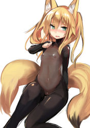 Rule 34 | 1girl, absurdres, animal ears, blonde hair, blush, bodysuit, covered erect nipples, fang, flat chest, fox ears, fox tail, green eyes, heart, heart-shaped pupils, highres, kokonoe tsubaki, long hair, looking at viewer, midriff, multiple tails, navel, nipples, open mouth, original, pussy, see-through, sketch, skin tight, solo, symbol-shaped pupils, tail, twintails, uncensored, yoshizawa tsubaki