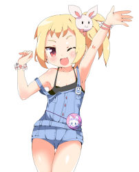 Rule 34 | 1girl, blonde hair, blush, bracelet, brown eyes, fang, hair ornament, jewelry, off shoulder, one eye closed, original, overalls, rabbit hair ornament, sasago kaze, side ponytail, simple background, smile, solo, standing, strap slip, tank top, waving, white background
