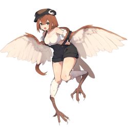 Rule 34 | 1girl, bare shoulders, black hat, black overalls, breasts, brown eyes, brown feathers, brown hair, brown wings, commentary request, feathered wings, feathers, flat cap, hair between eyes, harpy, hat, highres, lansane, monster girl, open mouth, original, overalls, ponytail, short hair, simple background, small breasts, solo, talons, white background, white feathers, white wings, winged arms, wings